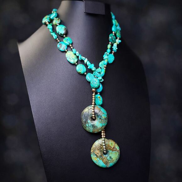 Vintage Jewelry - Hubei Turquoise Nugget Lariat Wrap Necklace Sterling Silver Desert Pearls